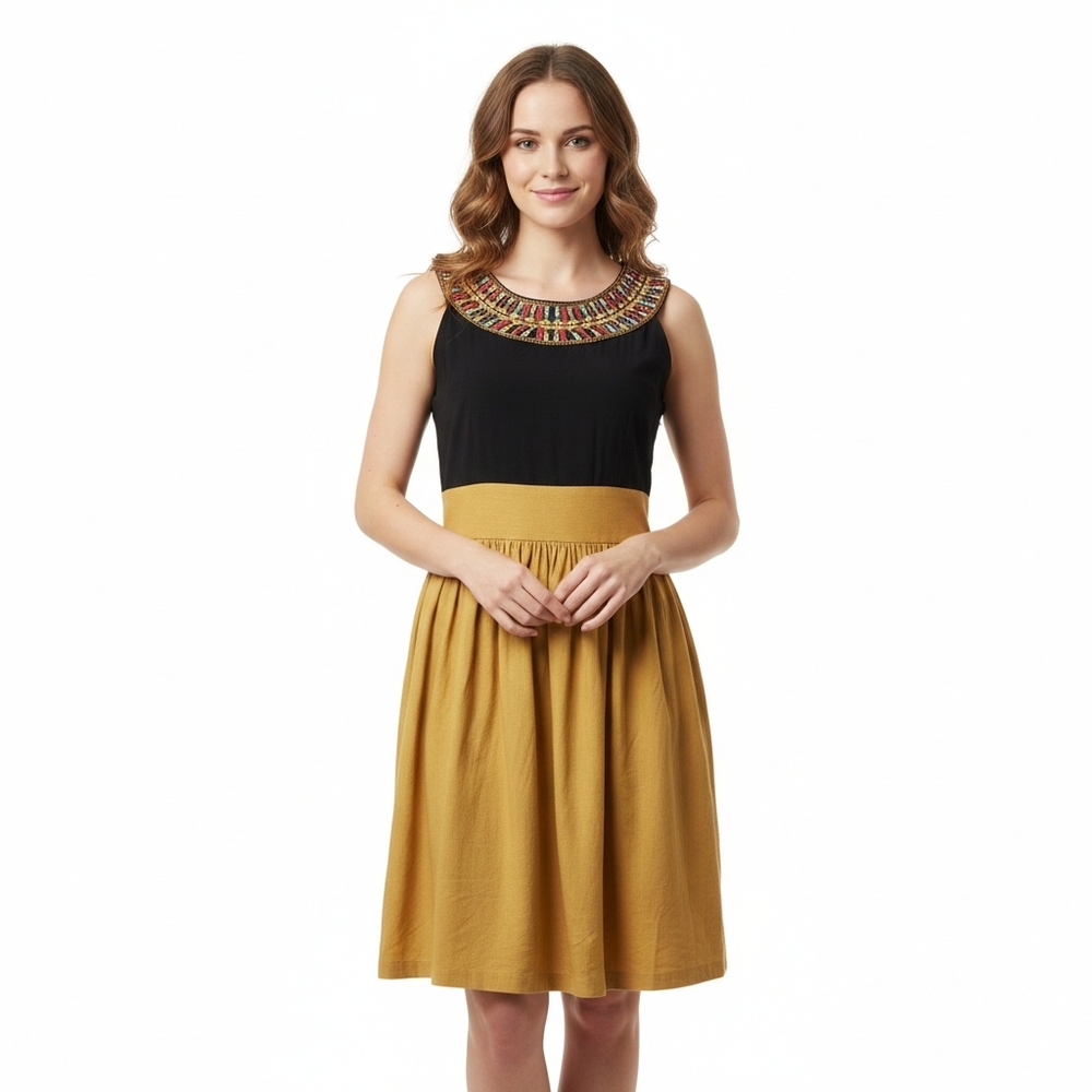 Tiana B. Linen Blend Dress Egyptian Collar Embroidered SZ 10 Black Gold